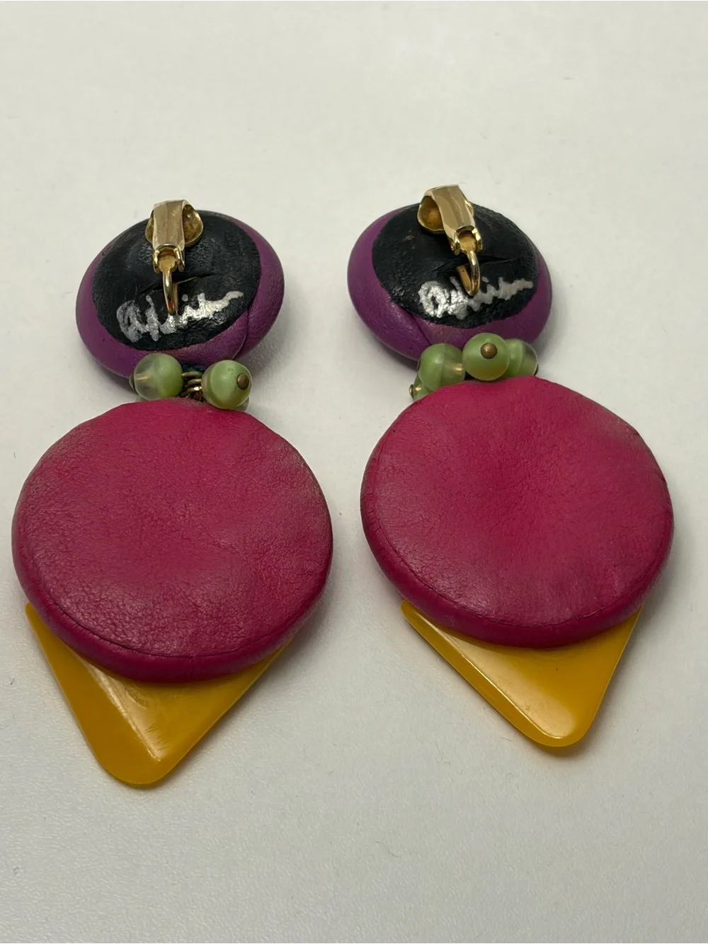Epic Y2K ALL LEATHER Artisan SIGNED Chunky Statement Earrings Purple Pink Yellow